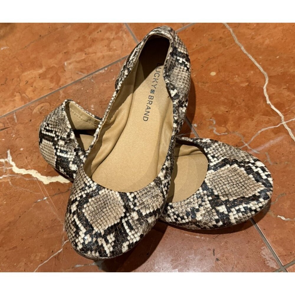 LUCKY BRAND ERIN BROWN FAUX LEATHER SNAKE PRINT CASUAL BALLET FLATS 8 38.5 M NEW